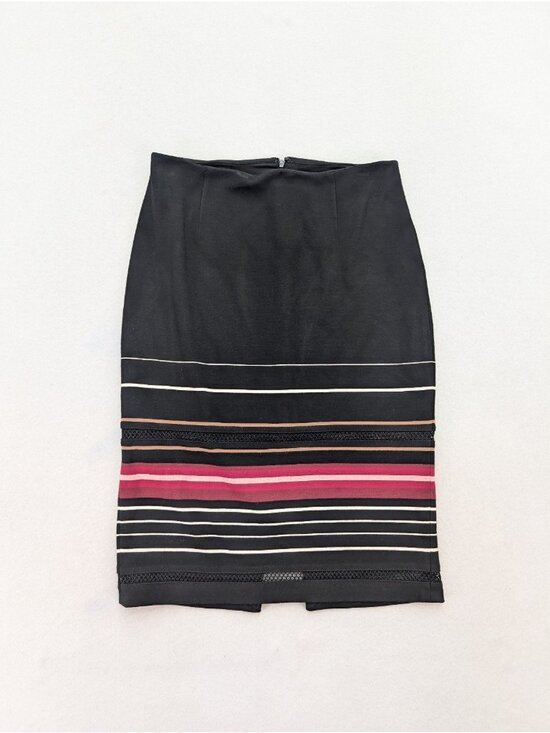 White House Black Market Women's Skirt Size 2 Black Stripe Stretch Knit Pencil - Picture 2 of 15